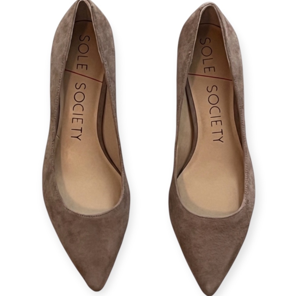 Dark sand-colored suede pumps with straw heels. 7.5.